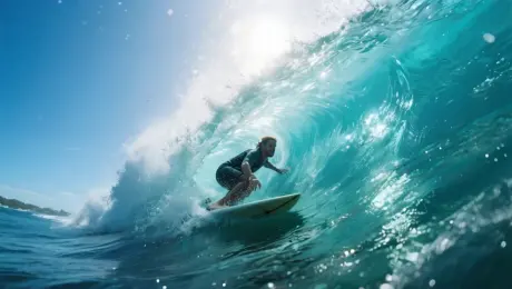 A surfer is riding inside the barrel of a massive, crystal-clear wave. The camera is positioned inside the tube, offering a breathtaking view of the water wall enveloping the surfer. Sunlight filters through the curtain of water, creating dreamlike light effects. Water splashes, the surfer's expression is focused and exhilarated. First-person view (FPV), wide-angle lens, underwater photography texture, realism.