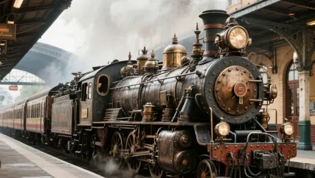 A steampunk train departing the station, close-up of gears turning, steam rising, transition to wide landscape shot with mechanical city