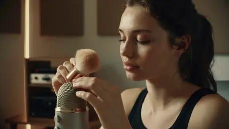 In a sound-proofed home studio, a young ASMR artist closes her eyes in deep concentration, gently brushing a soft makeup brush against a high-fidelity binaural microphone. The room is warmly lit, creating a cozy and intimate atmosphere. She whispers softly into the mic: "You can hear the bristles, right? But now, listen to the audio processed with Wan2.5 from WaveSpeedAI... you can hear the texture of each individual fiber. The detail is unbelievable. Pure tingles." Extreme close-up shot on the microphone and brush, very shallow depth of field, warm, soft lighting, calm and immersive mood, cinematic 4K.