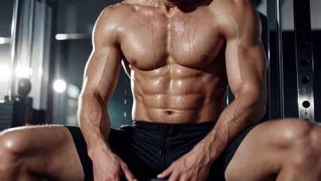 A handsome, muscular man with well-defined abs is catching his breath after an intense workout. Sweat drips down his torso. He is shirtless, wearing only black athletic shorts, and is leaning against gym equipment. The lighting comes from the upper side, highlighting the contours of his chest and arms. The scene is filled with a raw, masculine energy, hyper-realistic, high-contrast lighting.
