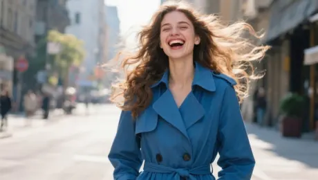 A beautiful young woman with long wavy hair, laughing loudly, her hair swaying in the wind, dressed in a stylish blue trench coat, standing in a sunny city street, cinematic close-up shot, 8K, high detail, photorealistic, ultra realistic, volumetric lighting.