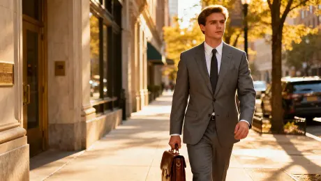 A young man in a sharp grey suit, carrying a brown leather briefcase, is confidently walking down a sunlit city street with classic architecture. The ambient city sounds – distant traffic hum, a faint murmur of conversations – are present. Suddenly, a comical 'THWACK' sound is heard as he slips dramatically on a discarded banana peel on the pavement, his expression shifting instantaneously from calm to wide-eyed surprise and alarm. A sharp, audible gasp escapes his lips. In the next moment, he falls through a shimmering, unexpected portal that opens up beneath him with a soft, ethereal 'WHOOSH,' transitioning from the bright city scene into a surreal, entirely black, void-like space. As he flails in mid-air within this dark dimension, letting out a startled 'AAAAHHH!' numerous ripe yellow bananas rain down from above, comically pelting him with soft thuds and splats. The lighting in the void is stark, highlighting the bright yellow bananas against the deep black. The scene should capture both the initial comedic slip and the abrupt, fantastical shift into the banana-filled alternate reality, with a strong sense of dynamic movement and the character's heightened fear and shock.