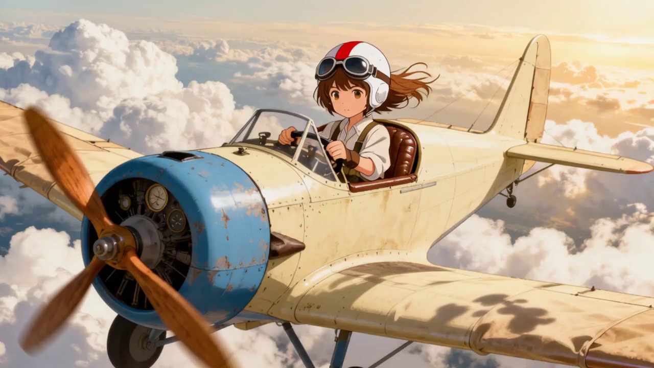 Action: She leans to look out the window, a calm, curious smile on her face as the sunlight hits her features. The sea of clouds drifts slowly below. She gently adjusts the control stick.

Ambient Sound: The steady, powerful whirring of the propeller (dominant sound); the whoosh of the high-altitude wind brushing past the fuselage; the faint creaking sounds of the plane's old wooden structure; a clear, gentle bell toll (magical effect) in the distance.

