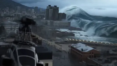 Camera: A high-angle helicopter/drone shot overlooking a coastal city, shaking violently. The camera pans from the panicking crowds in the streets to the horizon, revealing the approaching wave.