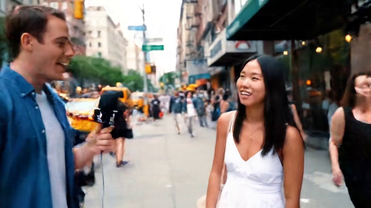 A casual street interview on a busy New York City sidewalk in the afternoon. The interviewer holds a plain, unbranded microphone and asks: Have you seen Google's new Veo3 model It is a super good model. Person replies: Yeah I saw it, it's already available on fal. It's crazy good.