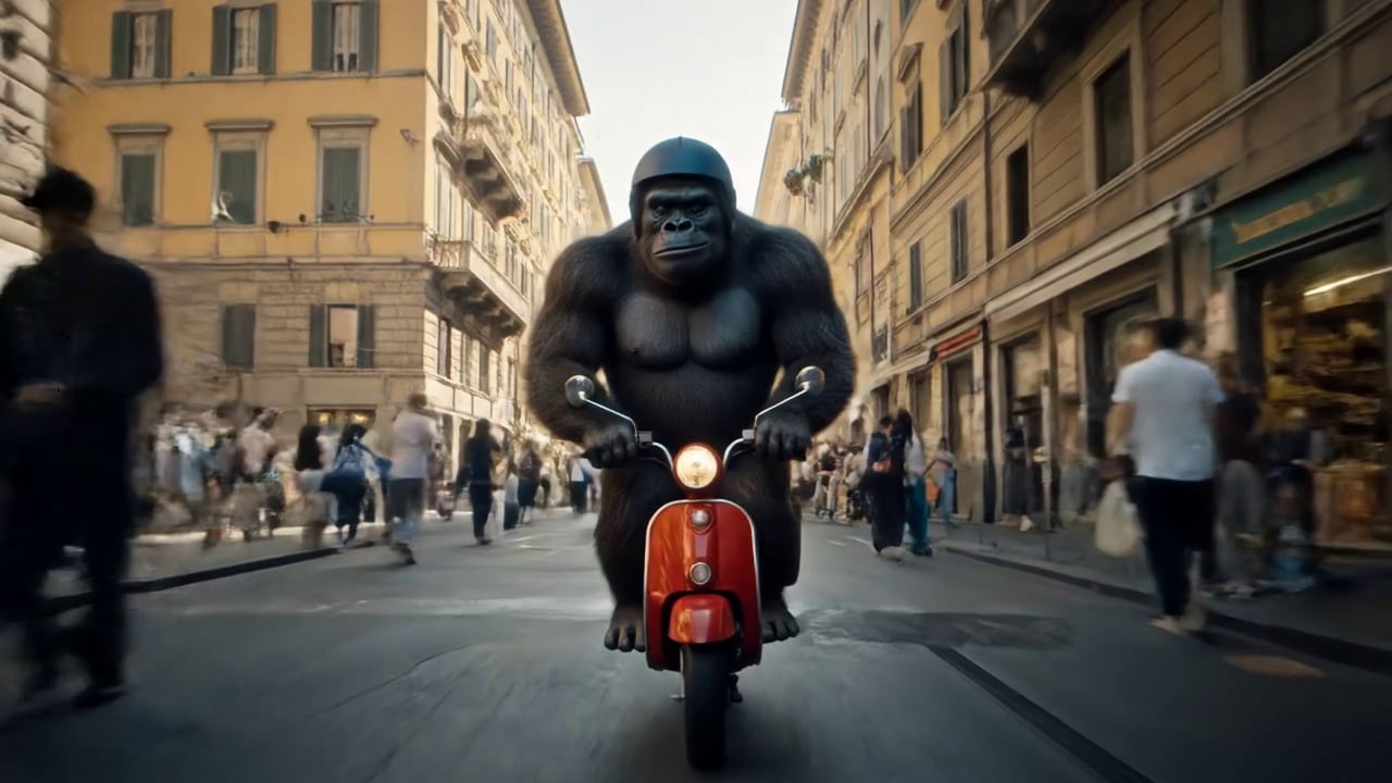gorilla riding a moped through busy italian city