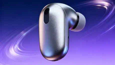 Camera: A smooth, slow 360-degree orbit shot around the floating earbud (Part 1). The camera slowly dollies in, focusing on the brushed metallic texture. As it gets extremely close, the earbud moves forward, filling the frame. We match-cut to an intimate close-up of a person's ear as their hand brings the same earbud into frame and inserts it. The camera then pulls back slightly to show their satisfied profile.

Effect: (Part 1) The earbud rotates weightlessly; light streaks orbit it. (Part 2) As the camera pushes through, the background cross-fades from the abstract purple/blue gradient to a soft-focus, stylish apartment. The person smiles gently and closes their eyes as they put the earbud in, signifying immersion.

Sounds/Voices: The minimalist electronic track swells during the transition. As the earbud is inserted, a soft, satisfying "chime" (like a 'connected' sound) plays, perfectly synced with a subtle bass drop. The music then continues, now feeling warmer and more ambient.

Mood: Begins as "Premium, futuristic, sophisticated," then transitions to "Personal, immersive, comfortable, and satisfying."

Lighting: (Part 1) Polished, cool studio lighting. (Part 2) Transitions to warm, soft, indoor lifestyle lighting (e.g., soft morning light from a window) that casts a gentle glow on the person's face. The earbud itself still catches a perfect, clean highlight.
