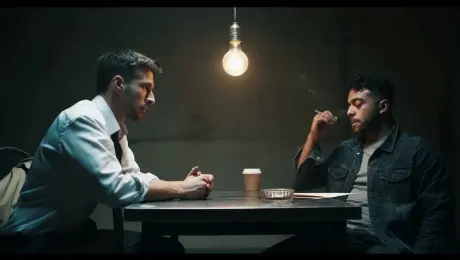 A cramped, windowless room with walls the color of old ash. A single bare bulb dangles from the ceiling, its light pooling onto the scarred metal table at the center. Two chairs face each other across it. On one side sits the Detective, trench coat draped across the back of his chair, eyes sharp and unblinking. Across from him, the Suspect slouches, cigarette smoke curling lazily toward the ceiling. The silence presses in, broken only by the faint hum of the overhead light.

Dialogue:
- Detective: "You’re lying. I can hear it in your silence."
- Suspect: "Or maybe I’m just tired of talking."
- Detective: "Either way, you’ll talk before the night’s over."

The hum of espresso machines and the murmur of voices form the background.
