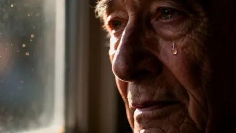 An elderly man with deep wrinkles sits by a window, his gaze fixed on something far away. His mouth twitches almost imperceptibly as if lost in memory, and a single tear slowly rolls down from the corner of his eye. Cinematography: An extreme close-up (ECU) that pans slowly from his profile to a full-frontal view. The shot executes a rack focus, shifting from his glistening eye to the descending tear. Style & Atmosphere: Rembrandt lighting, with a single key light illuminating one side of his face, creating dramatic contrast and shadow; the mood is profound and contemplative. Environment & Details: The background through the window is soft and out of focus. Motes of dust float in the beam of light. Technical Specs: hyper-detailed, sharp skin texture, 85mm portrait lens effect, extremely shallow depth of field.
