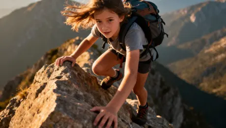 Outdoor photography: A teenage girl with a backpack is rock climbing on a mountain peak.