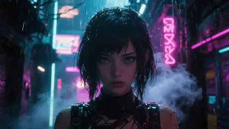 A cyberpunk girl walking through neon-lit alleyways, rain falling, close-up of her eyes, camera pans to her silhouette, smoke in the background, futuristic music vibe