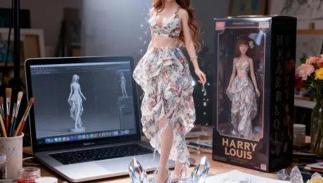 Create a high quality look real face hyper-realistic 1/7 scale commercialized figure of the illustrated character, rendered in a real life . The figure is displayed on a clear crystal placed at the center of an artist’s messy modeling studio hot chic lady fashion desk. Surrounding the figure are tools of the creative hot trend style and young fresh lady dress : brushes, paint jars, crystal and flowers , and scattered sketches.      

On a macbook laptop screen, the ZBrush modeling process of the figure is displayed vividly, showing the digital sculpt in progress. Next to the screen stands a premium toy packaging box, printed with the original artwork stylus letters: HARRY LOUIS

Lighting is fresh hot trending fashion gentlemonster glasses lady style, with a bright key light illuminating the figure, rim lights highlighting edges, and soft shadows falling across the desk clutter. The mood emphasizes craftsmanship, artistry, and the behind-the-scenes creation of lady trendy girl . Mount the figure on a dynamic transparent base with big motion small water flash light effect details flowing and blooming over the body and some on the table 