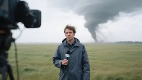 Natural light. Field reporter mid-action in an open field, looking directly at the camera, tornado in the background. A reporter, in a muted dark raincoat (gray or navy), stands firmly in a wide, grassy field. The wind pulls at his coat and hair, but he keeps his gaze steady, looking directly into the camera. Behind him, a tornado swirls menacingly under an overcast sky. He speaks clearly, lips synced to: "A tornado is coming, please be safe." Slight handheld movement, unsteady framing, and minor shakes typical of field news footage. Natural, flat daylight with no stylization.