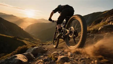 The mountain biker leans into a steep rocky descent, tires kicking up dust as the sunset casts long shadows over the valley. The wide angle camera follows the rider’s dynamic fast motion, gloves gripping handlebars tightly, golden light intensifying across the mountainous terrain. Quick moving footage.