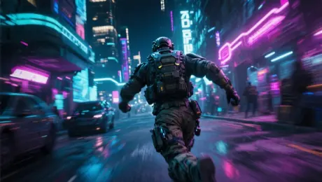 A futuristic soldier, equipped with advanced gear, running through a neon-lit, cyberpunk city at night. The camera is in a handheld shot, giving it a shaky, first-person perspective. Fast-paced action, blurred lights, high-energy, cinematic.