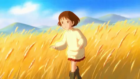 A curious young girl, with wide, expressive eyes and a bob haircut, wearing an oversized sweater and knee-high boots, slowly walks through a towering field of golden, swaying grass. She reaches out to touch a large, fantastical glowing insect that gently flutters nearby. Her facial expression shifts from caution to pure wonder. The background features distant, rounded mountains under a soft, painterly blue sky. Ghibli aesthetic, hand-drawn animation, childlike wonder, gentle movement, vibrant colors, detailed character design, soft lighting, medium shot.