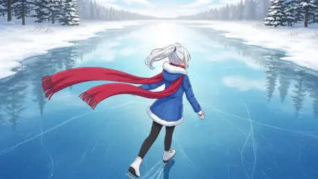 a top down view of an anime girl with white hair in a blue jacket and red scarf, ice skating down a blue frozen river that is between two mountains