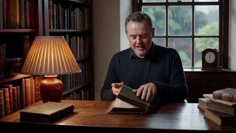 A middle-aged man sitting at a wooden desk in a cozy study room, surrounded by bookshelves and a warm lamp glow. He opens an old book and reads aloud with a calm, deep voice: 'History teaches us more than just facts… it shows us who we are.' The room has subtle background sounds: pages turning, the faint ticking of a clock, and distant rain against the window.