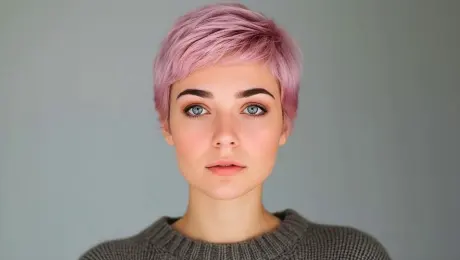 lots of short cuts, she tries out many different haircuts, head moves only slightly, her hands interact with the hair