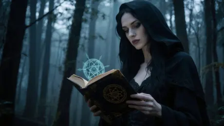 A mysterious woman reading a spellbook in a dark forest, camera circles her, magical lights floating, trees slowly twisting, glowing runes appear