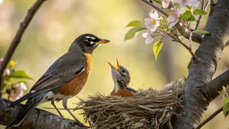 Sunlight dapples through budding branches, illuminating a vibrant tapestry of greens and browns as a pair of robins meticulously weave twigs and mud into a cradle of life, their tiny forms a whirlwind of activity against a backdrop of blossoming spring.  The scene unfolds with a gentle, observational pace, allowing the viewer to fully appreciate the intricate details of nest construction, the soft textures of downy feathers contrasted against the rough bark of the branches, the delicate balance of strength and fragility in their creation.