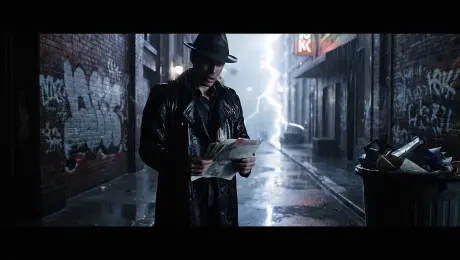 This is a 3-beat prompt. Convert each beat into a distinct story. [Beat 1] A detective in a rainy alley whispers to himself: 'The clues don't add up.' Thunder rumbles. [Beat 2] He picks up a clue, rain pattering on pavement. [Beat 3] Close-up: He says 'Gotcha!' with dramatic music swell.