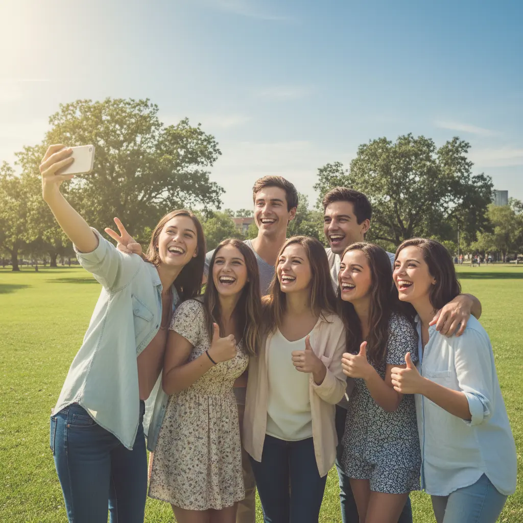 A cheerful group of college friends taking a selfie in a park, casual outfits, green grass and blue sky behind them, authentic lifestyle photo.