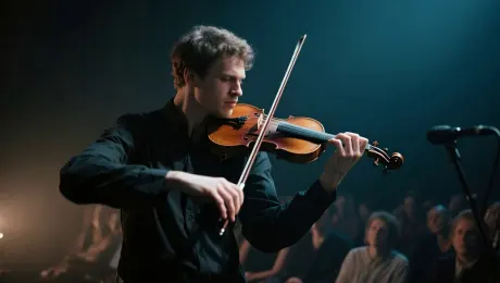 A male violinist playing passionately on a dimly lit stage, his fingers moving skillfully on the strings. The audience watches quietly. The violin music is clear and expressive, perfectly synced with his movements. Emotional and immersive atmosphere, cinematic lighting.