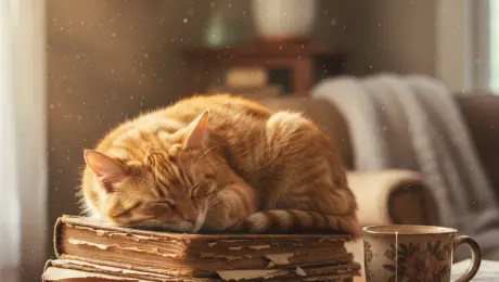 An ultra-photorealistic shot, capturing a lazy ginger cat sleeping peacefully on a stack of old books next to a window. Soft morning sunlight streams in, illuminating dust motes dancing in the air and highlighting the fine texture of the cat's fur and the worn paper of the books. A half-empty ceramic mug of tea sits nearby. The focus is sharp on the cat, with the rest of the cozy room gently blurred in the background. Shot with a Canon EOS R5, 50mm f/1.8 lens, natural lighting, serene and quiet mood.