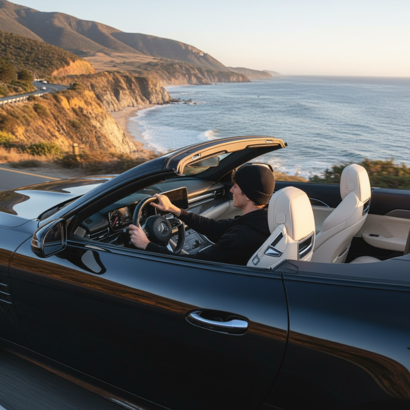make a photo of the man driving the car down the california coastline