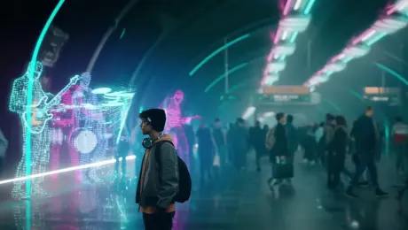 Scene: Futuristic metro station; transparent hologram band performs on a wall.
Characters: Commuters + one teen who stops to listen.
Action: Teen raises vintage headphones; beat lines wrap into a light spectrum; foot traffic steps sync with rhythm.
Camera: Wide station → wind-cut as train passes → orbiting spectrum → macro spectral reflection in the teen’s eyes.
Look & Lighting: Neon cyber with volumetric light; clean reflective materials.
Physics & Motion: Crowd cadence locks to beat; slight pressure shake as train rushes by.
Audio: Synth groove + metro rumble as sub-bass; hold one beat of silence to end.