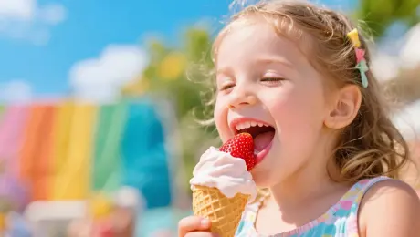 A little girl, around 6 years old, stands in a sunny park holding a strawberry ice cream cone. She takes a big bite, giggles joyfully, and says with excitement, "Mmm! It’s so creamy and sweet! I love strawberry ice cream!" The pink ice cream leaves a smudge on her lips. The background is filled with colorful summer elements like balloons, sunflowers, and kids playing. The lighting is golden and warm, creating a cheerful and uplifting mood. Her mouth movements match the words perfectly.