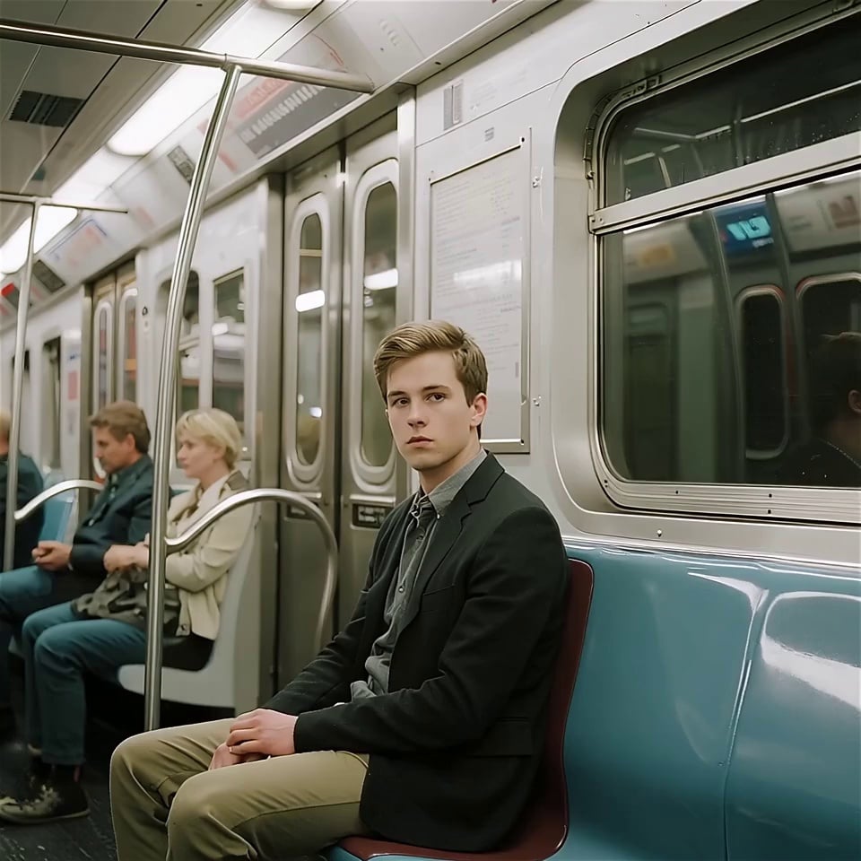 A young man sits still on a subway train, surrounded by blurred figures moving rapidly. [Close-up] His eyes, barely blinking, intensify the sense of loneliness.