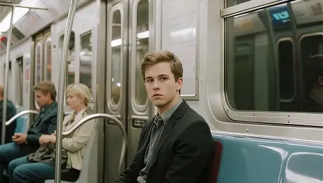 A young man sits still on a subway train, surrounded by blurred figures moving rapidly. [Close-up] His eyes, barely blinking, intensify the sense of loneliness.