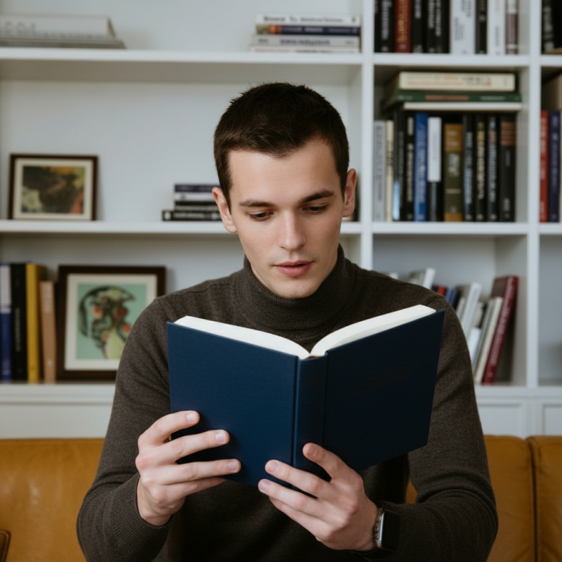 The man is reading the book.