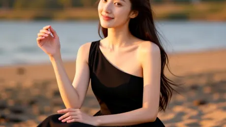 The girl in Figure 1 sits in the pose of Figure 3 wearing the black dress from Figure 2.