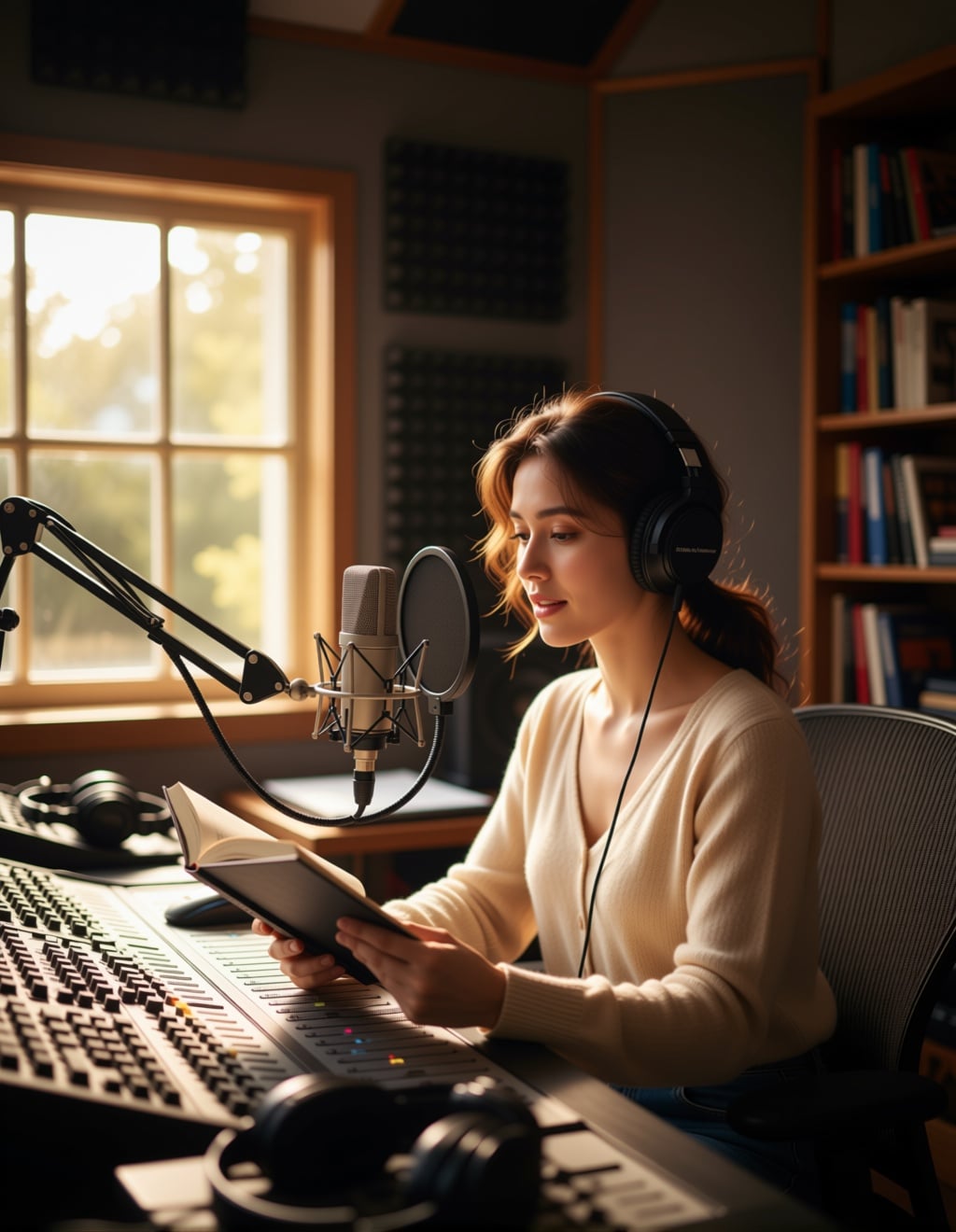 The girl in Figure 1 is sitting in the studio in Figure 2, speaking into the microphone.