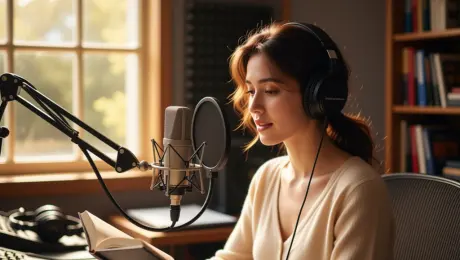 The girl in Figure 1 is sitting in the studio in Figure 2, speaking into the microphone.