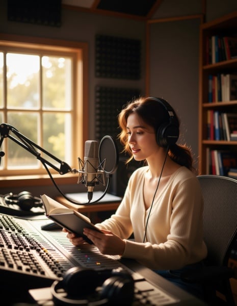 The girl in Figure 1 is sitting in the studio in Figure 2, speaking into the microphone.