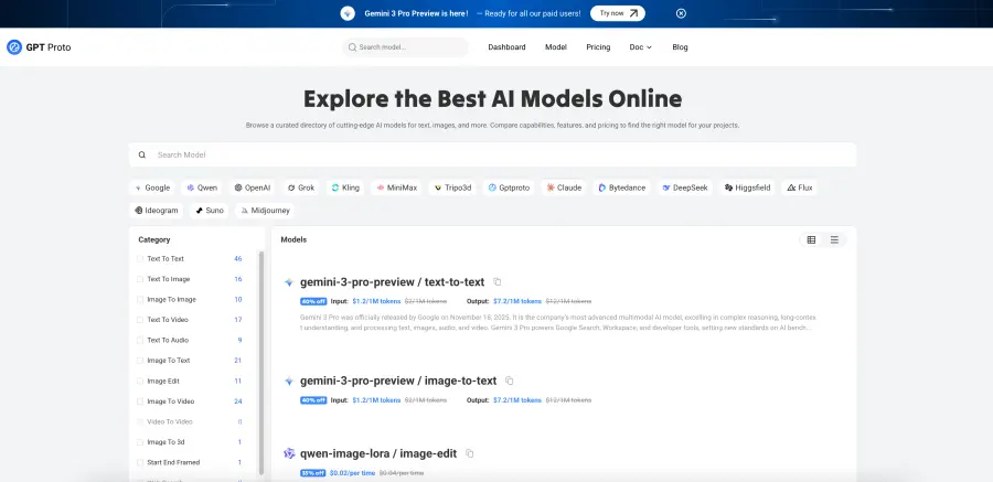 GPT Proto Model List
