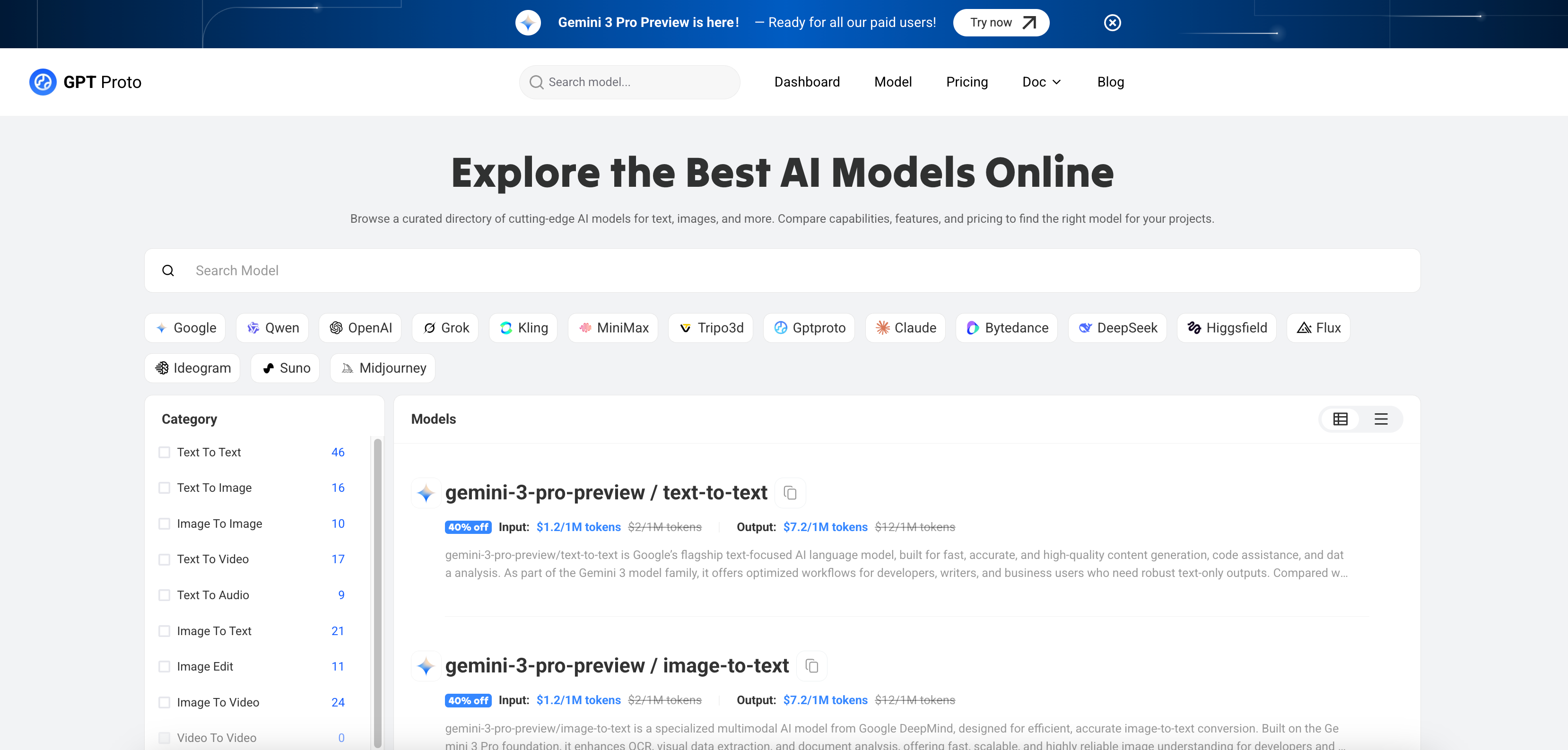 GPT Proto Model List