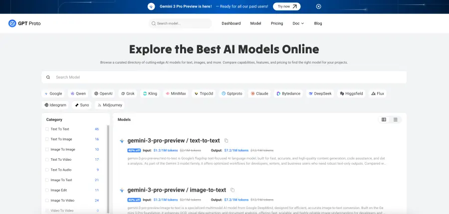 GPT Proto Model List