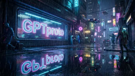 A cyberpunk street at night in heavy rain. A bright neon sign in the window reflects on the wet pavement. The reflection clearly spells out the word "GPTproto". 4k resolution, cinematic lighting.