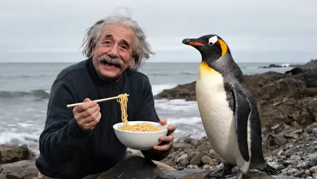 The man is feeding penguins noodles, and he happily says: Eat up, eat your fill!