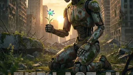 A movie poster for a sci-fi film titled "THE LAST AI". The main visual is a robot holding a flower. The text "THE LAST AI" is large, bold, and metallic at the bottom. Credits text at the very bottom.