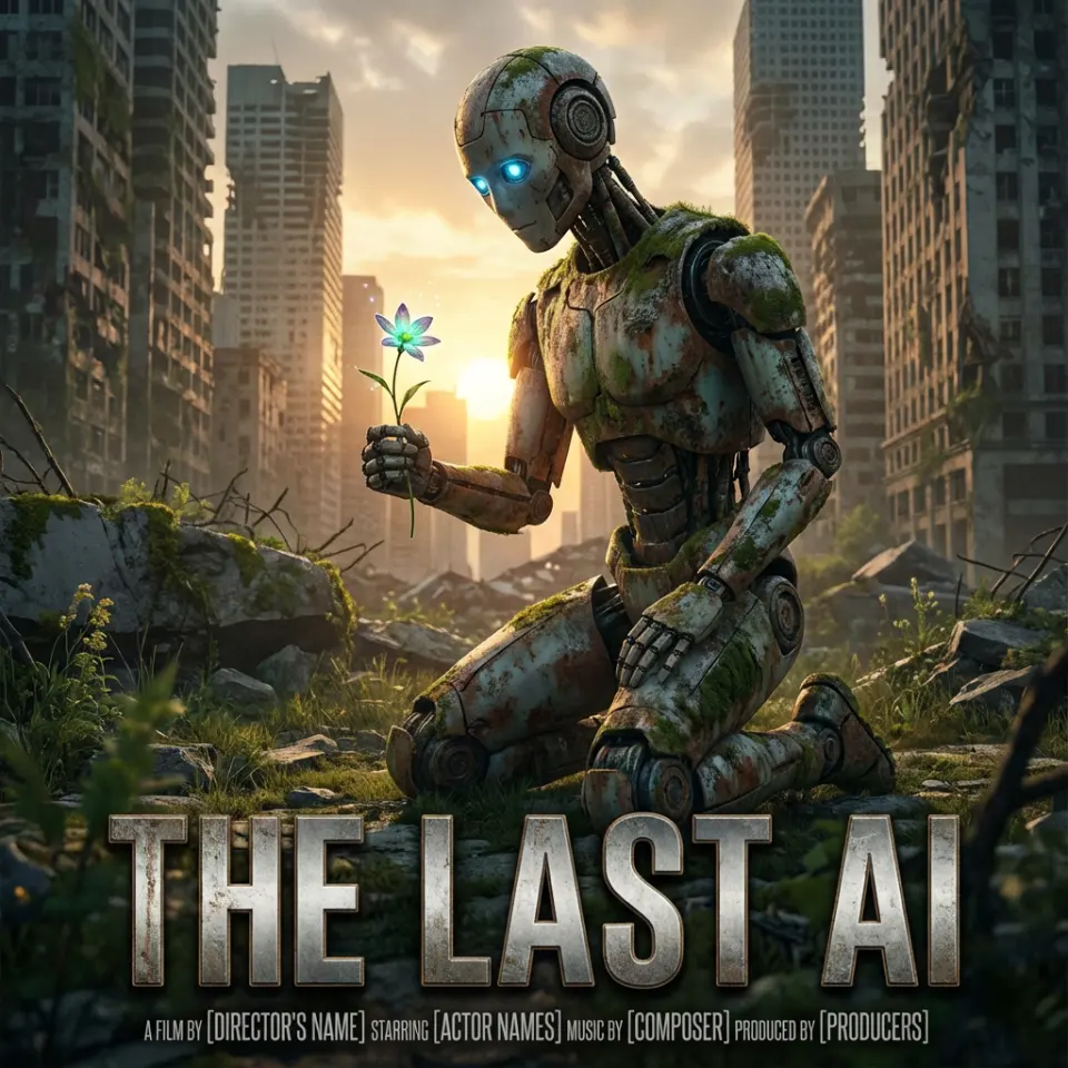 A movie poster for a sci-fi film titled "THE LAST AI". The main visual is a robot holding a flower. The text "THE LAST AI" is large, bold, and metallic at the bottom. Credits text at the very bottom.