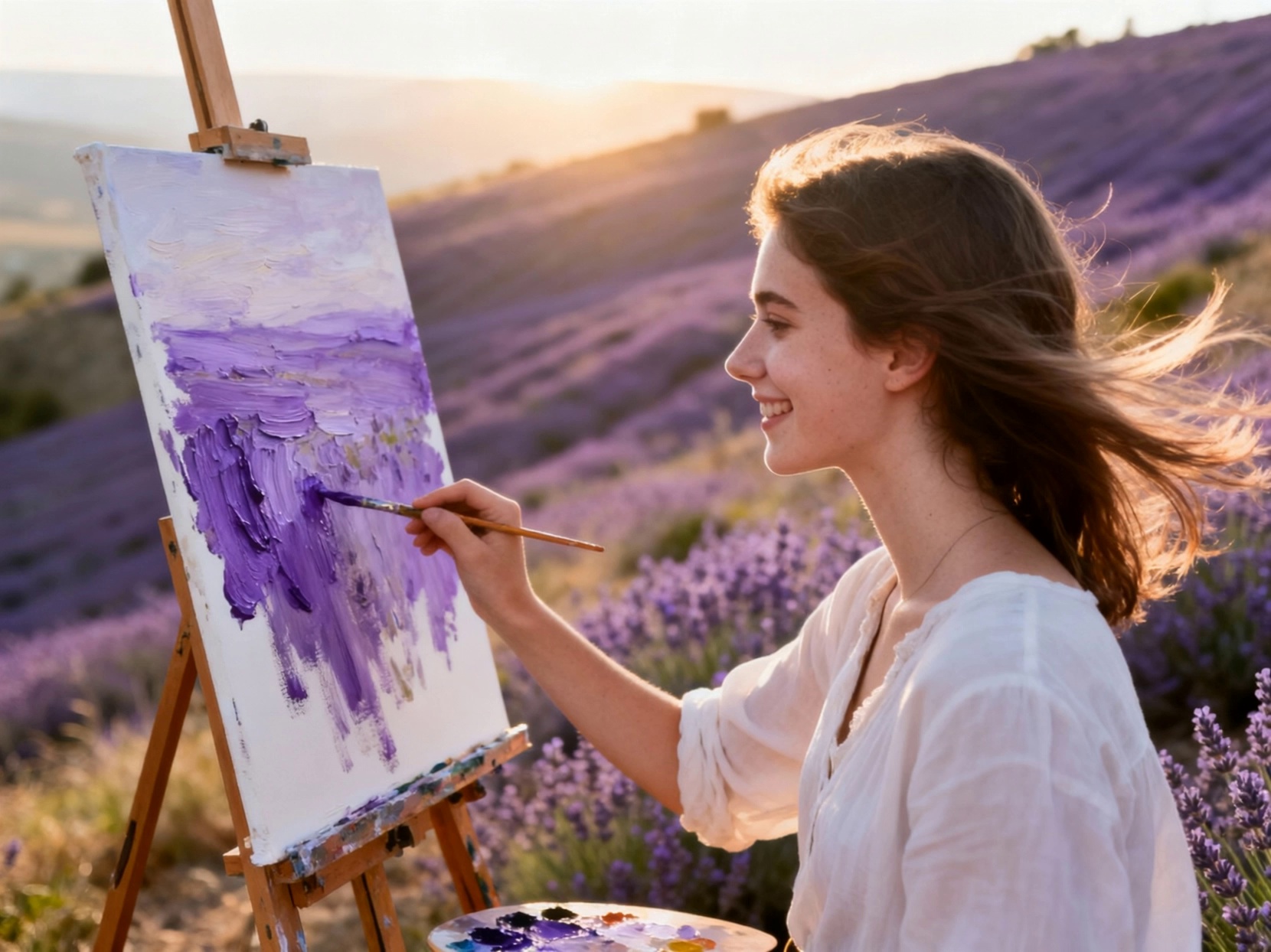 A young female artist on a hillside is painting on an easel, facing a field of lavender. She smiles to herself as she dabs a stroke of purple onto the canvas, a light breeze rustling her hair. Cinematography: Begins over-the-shoulder to show her painting, then slowly pans to her profile, capturing her focused and content expression. Style & Atmosphere: Bright, soft, and artistic. The lighting is late afternoon sun, soft and angled, creating a golden rim light on everything. Environment & Details: The thick texture of the oil paint on the canvas is visible. The distant lavender field sways in the breeze. Technical Specs: 4K, high Color Rendering Index (CRI), emulating a cinematic prime lens for soft, beautiful bokeh.
