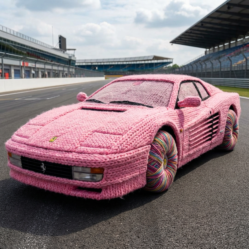 A full-scale Ferrari sports car made entirely of fluffy pink knitted wool. It is parked on a race track. The tires are made of yarn balls. High detail, macro texture of the wool.