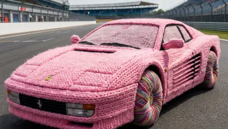 A full-scale Ferrari sports car made entirely of fluffy pink knitted wool. It is parked on a race track. The tires are made of yarn balls. High detail, macro texture of the wool.
