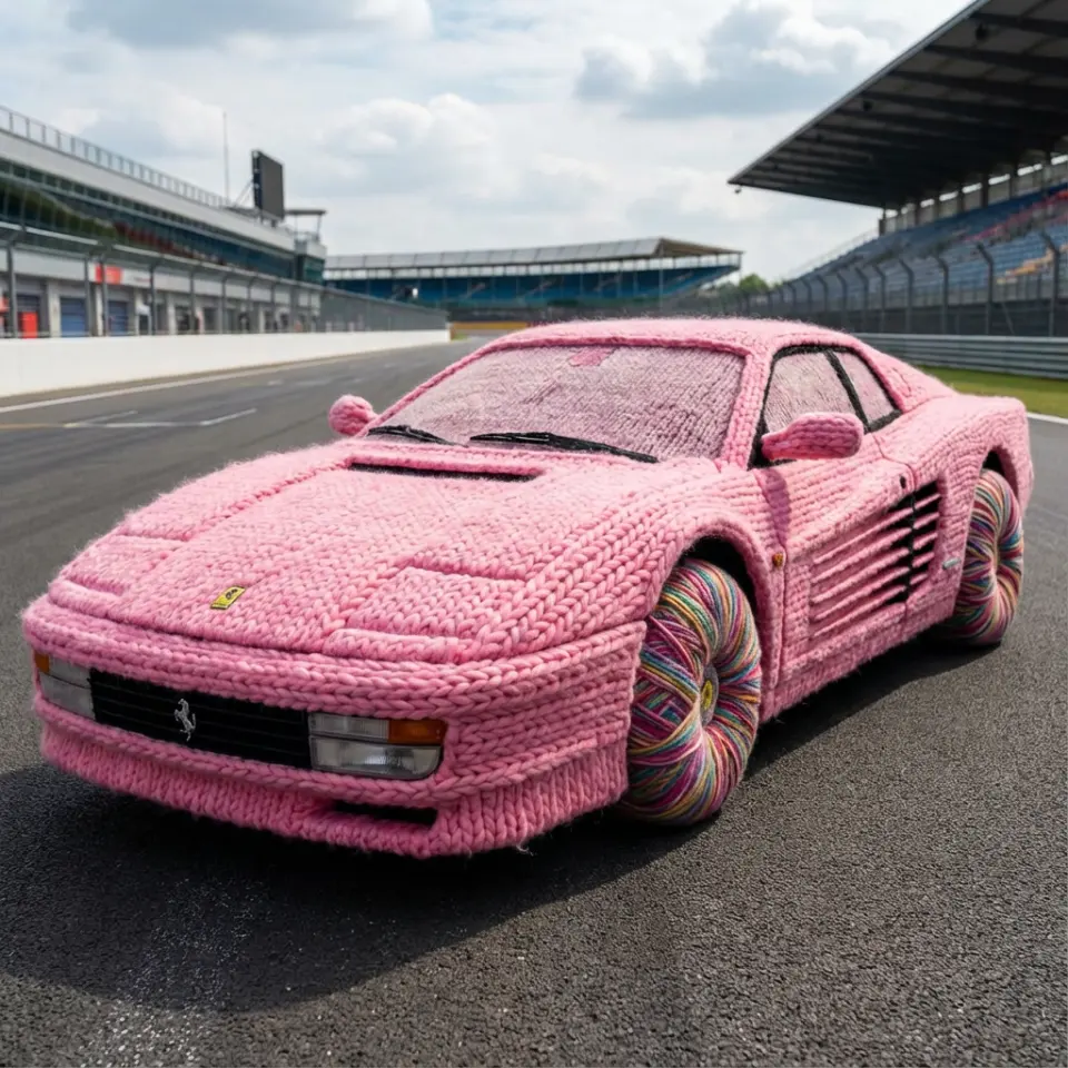 A full-scale Ferrari sports car made entirely of fluffy pink knitted wool. It is parked on a race track. The tires are made of yarn balls. High detail, macro texture of the wool.